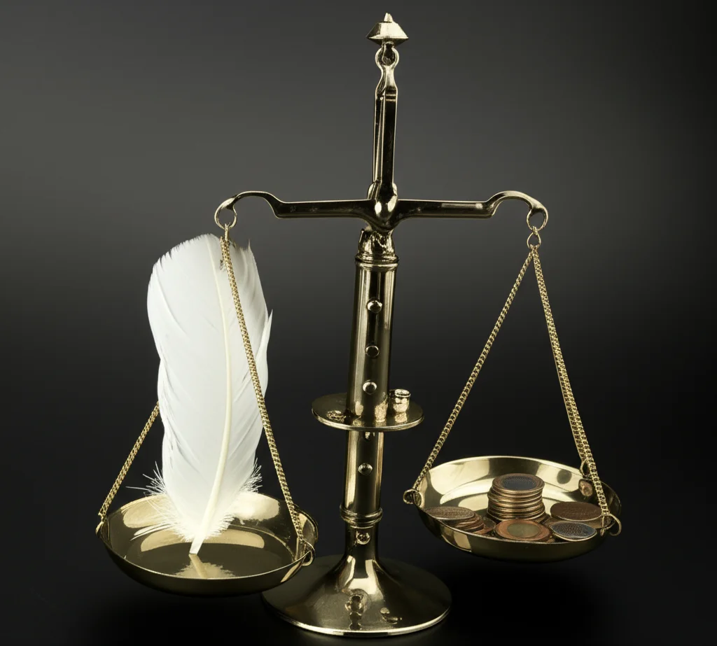 Fotografia macro di una bilancia della giustizia stilizzata, realizzata in metallo lucido, con i due piatti perfettamente in equilibrio. Su un piatto è posta una singola, elegante piuma, sull'altro una piccola pila di monete. Illuminazione da studio controllata per esaltare i dettagli e le texture. Obiettivo macro 100mm, messa a fuoco precisa sulla bilancia, sfondo neutro e scuro.
