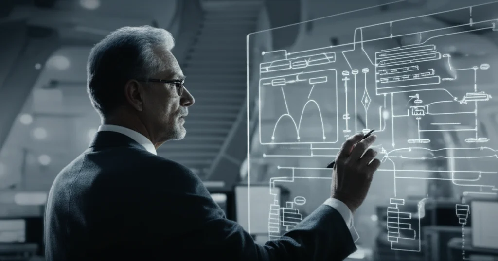 Ritratto di una persona di mezza età, dall'aspetto saggio e riflessivo, che osserva con attenzione un diagramma complesso proiettato su una parete trasparente in un ambiente di lavoro futuristico. La persona indossa occhiali e ha un'espressione concentrata. Obiettivo prime 35mm, stile film noir con forti contrasti tra luci e ombre, duotone blu e grigio per un'atmosfera high-tech e intellettuale.