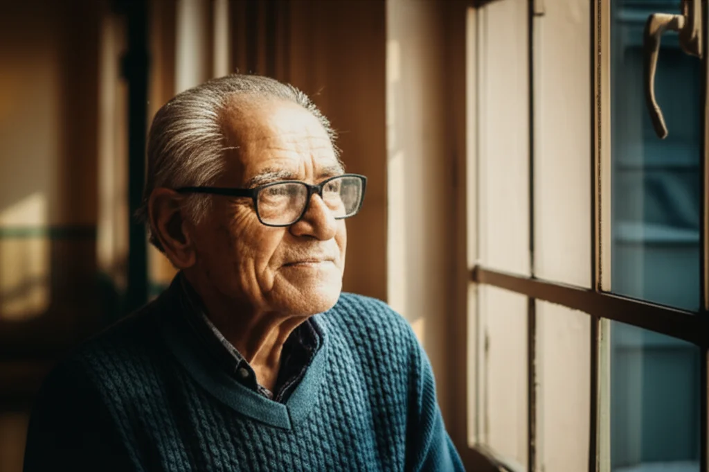 Un paziente anziano con ittero evidente guarda con speranza fuori da una finestra di ospedale, luce soffusa del mattino, obiettivo da 35mm, profondità di campo, toni seppia e blu.