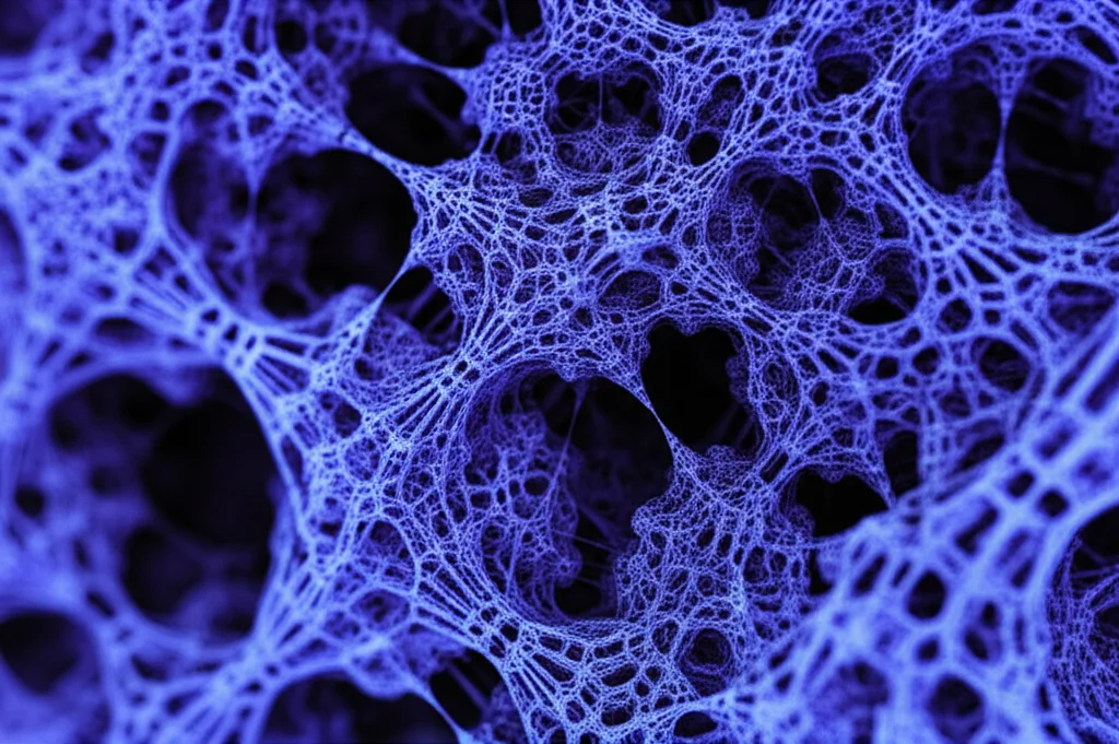 Macro fotografia di un'intricata struttura reticolare tridimensionale, luminosa e complessa, realizzata con un obiettivo macro da 80mm. L'immagine presenta un'elevata definizione e una messa a fuoco precisa, con un'illuminazione controllata che crea toni profondi di blu e viola. Questa rappresenta la complessa interconnessione degli spazi dei moduli e la ricerca di sottovarietà speciali al loro interno.