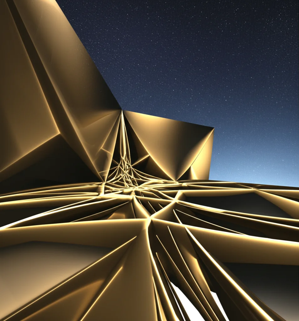 Ripresa grandangolare di un paesaggio concettuale e astratto, composto da superfici geometriche lisce e interconnesse. Alcune di queste superfici sono evidenziate da una tenue luminescenza dorata, sotto un cielo scuro e finemente texturizzato. L'immagine è catturata con un obiettivo grandangolare da 15mm, utilizzando una lunga esposizione per ottenere una messa a fuoco nitida. Evoca la scoperta di famiglie specifiche e speciali di oggetti geometrici, come la famiglia della cubica tridimensionale di Klein.