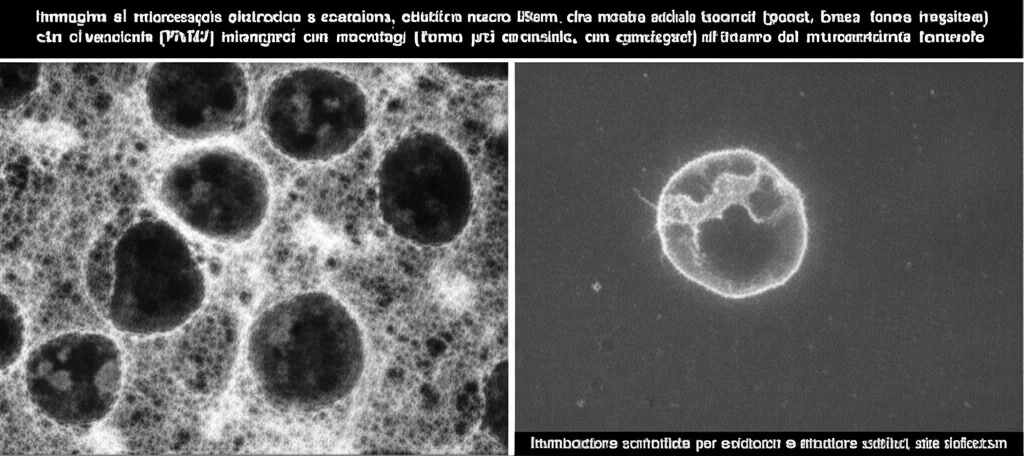 Immagine al microscopio elettronico a scansione, obiettivo macro 80mm, che mostra cellule tumorali (grandi, forma irregolare) che rilasciano piccole vescicole (PKM2) interagenti con macrofagi (forma più arrotondata, con pseudopodi) all'interno del microambiente tumorale. Illuminazione controllata per evidenziare le strutture cellulari, alta definizione.