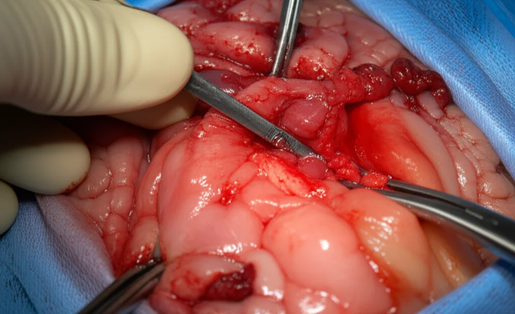 Immagine macro con obiettivo da 90mm di un'anastomosi pancreatico-digiunale chirurgica, con un lembo di omento ricco di vasi sanguigni avvolto delicatamente attorno al sito della sutura. Illuminazione controllata per evidenziare i dettagli dei tessuti e la precisione del lavoro chirurgico. Si intravedono strumenti chirurgici e mani guantate.