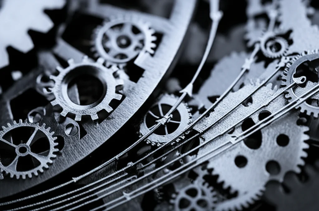 Illustrazione astratta del concetto di 'grey system theory' con pochi dati iniziali che si espandono in una previsione futura, con ingranaggi e frecce che simboleggiano l'ottimizzazione PSO. Macro lens, 90mm, illuminazione controllata per evidenziare i dettagli degli ingranaggi.