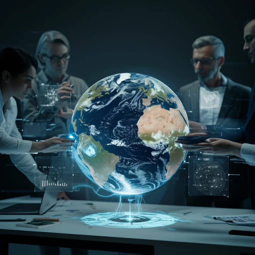 Gruppo diversificato di scienziati e policy maker che discutono attorno a un tavolo olografico che mostra dati climatici e proiezioni. Prime lens, 35mm, duotone blu e grigio, atmosfera collaborativa e futuristica.