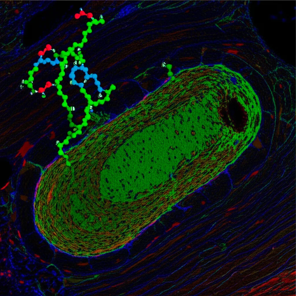 Immagine macro ad alta definizione del nucleo arcuato dell'ipotalamo di un vitello, illuminazione controllata per evidenziare le strutture neurali, obiettivo macro 90mm, con sovrapposizioni grafiche stilizzate di molecole di mRNA e proteine.