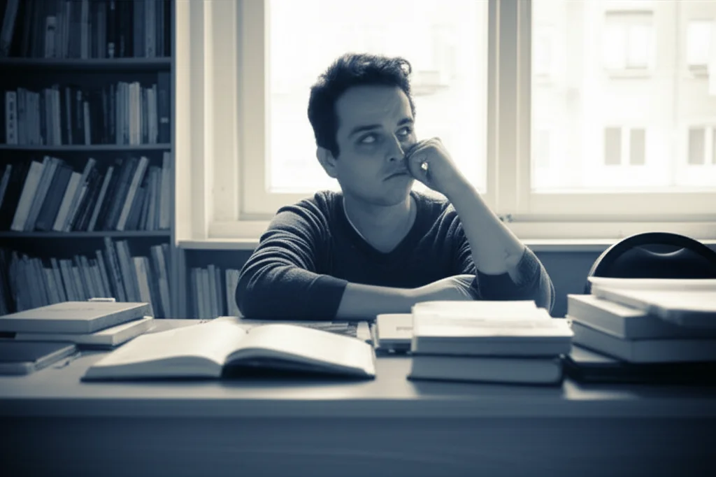 Un giovane adulto, seduto da solo su una scrivania ingombra di libri, con un'espressione pensierosa e stanca, guarda fuori dalla finestra. La luce del tardo pomeriggio crea lunghe ombre nella stanza. Prime lens, 35mm, depth of field, duotone blu e grigio, a simboleggiare il peso dello studio e delle responsabilità.