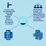 Concetto visivo che contrappone il low-shot learning (poche icone dati stilizzate e luminose) e i dati sbilanciati (una bilancia digitale sbilanciata con molti dati grigi da un lato e pochi dati colorati dall'altro), con un collegamento verso la rilevazione di frodi (icona di una lente d'ingrandimento digitale su dati finanziari astratti). Prime lens, 50mm, depth of field, duotone blu scuro e ciano brillante.