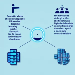 Concetto visivo che contrappone il low-shot learning (poche icone dati stilizzate e luminose) e i dati sbilanciati (una bilancia digitale sbilanciata con molti dati grigi da un lato e pochi dati colorati dall'altro), con un collegamento verso la rilevazione di frodi (icona di una lente d'ingrandimento digitale su dati finanziari astratti). Prime lens, 50mm, depth of field, duotone blu scuro e ciano brillante.
