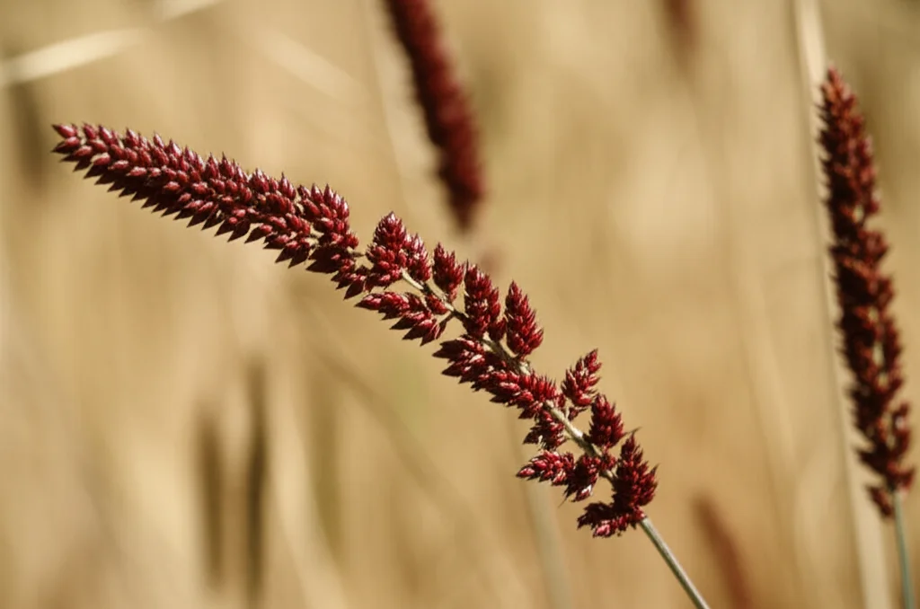 Fotografia macro di spighe mature di miglio etiope (Eleusine coracana) con chicchi visibili, 105mm, illuminazione controllata per evidenziare i dettagli e la texture dei chicchi, su uno sfondo che richiama i terreni etiopi.
