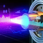 Immagine fotorealistica di un catodo cavo in funzione all'interno di una camera a vuoto, che emette un intenso pennacchio di plasma blu-viola. Linee di dati digitali e grafici astratti si sovrappongono elegantemente al plasma, simboleggiando l'intervento del machine learning. Obiettivo macro 90mm, illuminazione drammatica e controllata, messa a fuoco precisa sull'emissione del plasma, dettagli finissimi delle componenti metalliche del catodo.