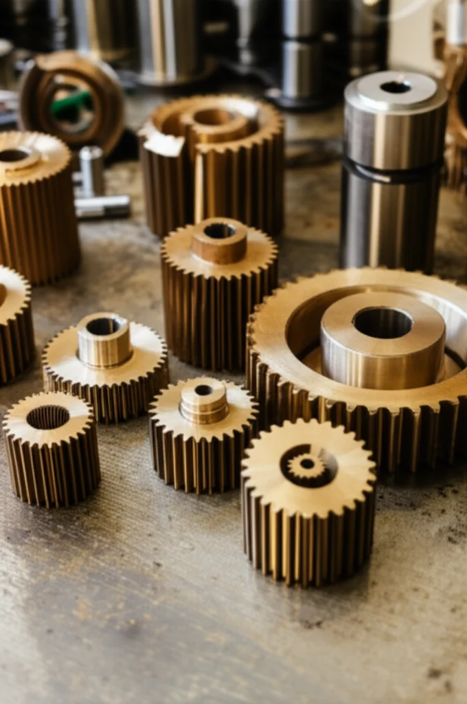 Photorealistic image of an assortment of different sized bronze worm wheels, some sectioned to show internal structure, arranged on a workbench. Macro lens, 70mm, high detail, precise focusing on the gear teeth and cut surfaces, controlled workshop lighting.