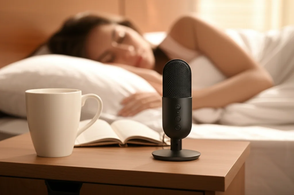 Primo piano di un microfono high-tech su un comodino accanto a un letto, con una persona che dorme pacificamente sullo sfondo, sfocata. Illuminazione ambientale calda e soffusa, lente prime 50mm, depth of field, per illustrare il monitoraggio discreto della tosse.