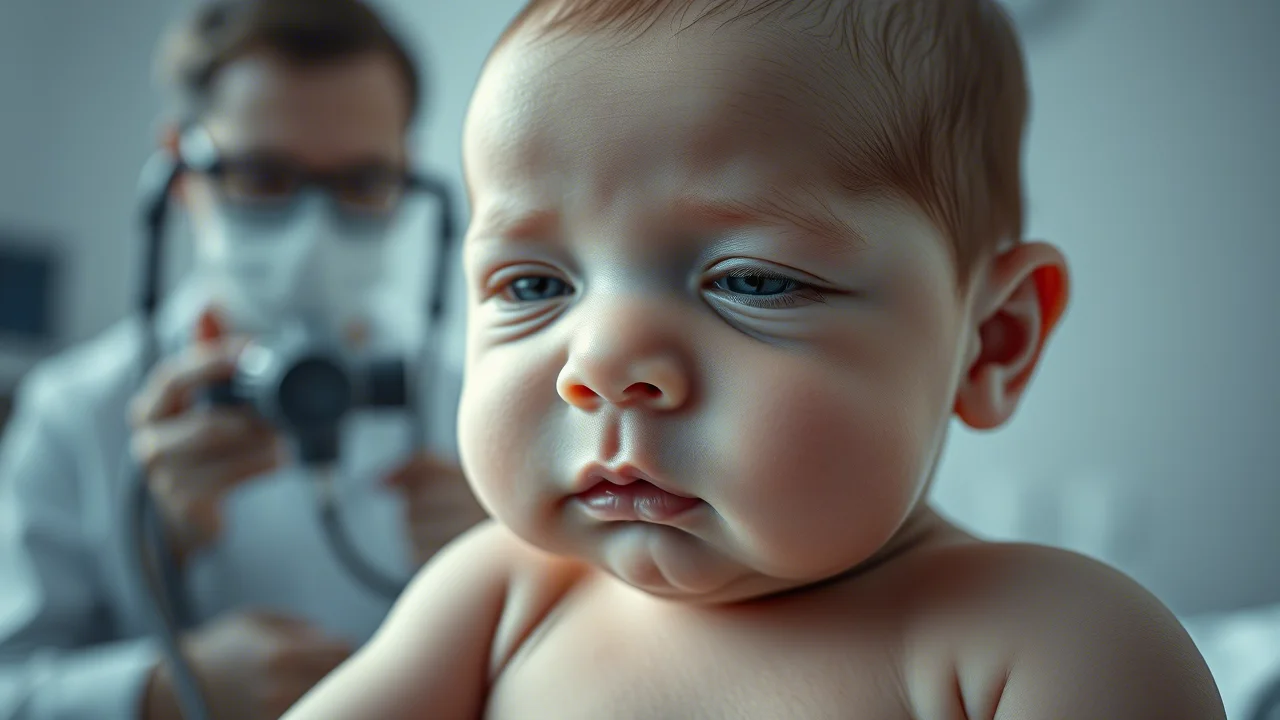 Ritratto toccante di un neonato che manifesta i primi segni di ittero, con una luce soffusa che ne evidenzia la fragilità. Un medico in secondo piano osserva con strumentazione diagnostica. Prime lens, 35mm, depth of field, duotone seppia e blu per un'atmosfera delicata e seria.