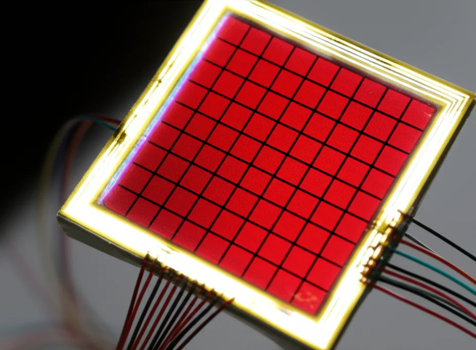 Un primo piano di un Concentratore Solare Luminescente (LSC) di colore rosso vivo, con sottili fili che lo collegano a componenti elettronici. L'LSC è illuminato da una luce bianca ambientale, mostrando la sua texture e i bordi dove la luce concentrata verrebbe raccolta. Macro lens 100mm, high detail, precise focusing, controlled lighting.
