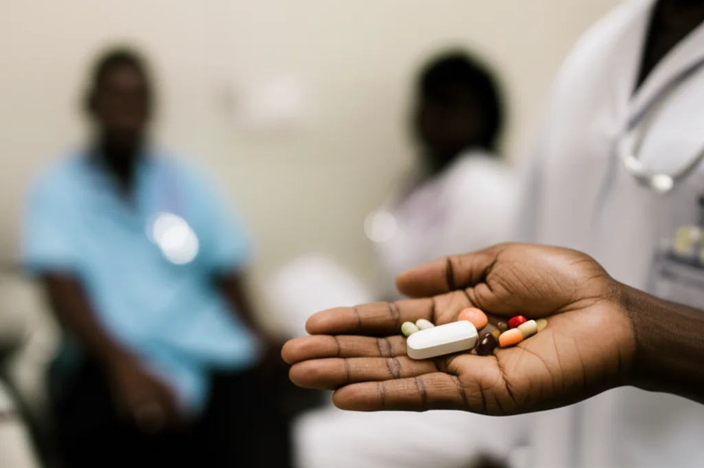 Una mano che tiene diverse pillole colorate su uno sfondo sfocato di un ambiente ospedaliero africano, luce naturale, lente da 50mm, focus selettivo sulle pillole.
