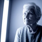 Una persona anziana riceve la terapia della luce brillante da una lampada speciale in un ambiente confortevole, con un'espressione di speranza. Portrait photography, prime lens, 35mm, duotone blu e grigio, depth of field.
