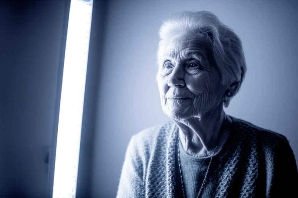 Una persona anziana riceve la terapia della luce brillante da una lampada speciale in un ambiente confortevole, con un'espressione di speranza. Portrait photography, prime lens, 35mm, duotone blu e grigio, depth of field.