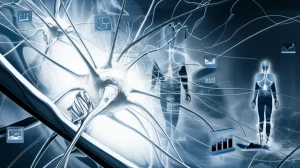 Visualizzazione artistica di reti neurali che processano diverse tipologie di dati medici (simboleggiati da icone come DNA, grafici, immagini mediche) convergenti verso una rappresentazione stilizzata di un paziente, il tutto su uno sfondo tecnologico. Prime lens, 50mm, depth of field, duotone blu e argento per un look futuristico e pulito.