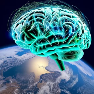 Visualizzazione artistica e fotorealistica del cervello umano illuminato, con connessioni neurali brillanti in blu e verde, sovrapposto a un'immagine della Terra vista dallo spazio, con aree che mostrano chiaramente gli effetti del cambiamento climatico come lo scioglimento delle calotte polari e la desertificazione. Obiettivo prime 50mm, profondità di campo accentuata per separare il cervello dallo sfondo terrestre, colori vivaci e contrastanti.