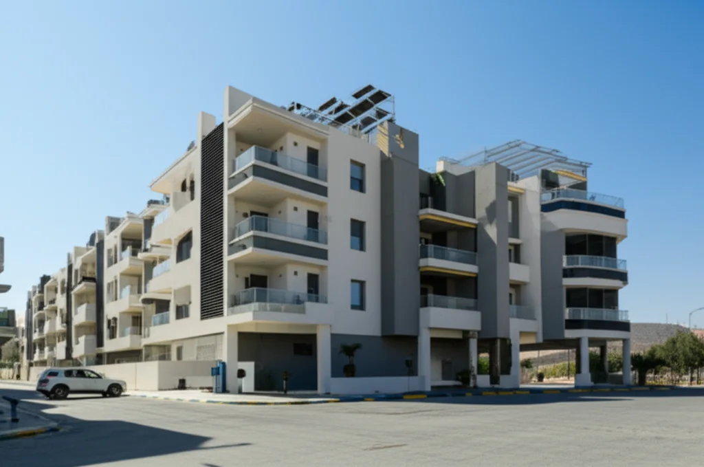 Wide-angle landscape view of a modern residential building in Amman, Jordan, with rooftop solar panels and an electric vehicle plugged into a charging station. Sunny day, clear sky.