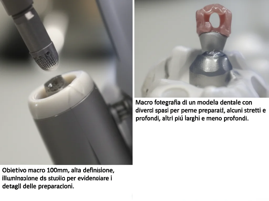 Macro fotografia di un modello dentale con diversi spazi per perno preparati, alcuni stretti e profondi, altri più larghi e meno profondi. Accanto, la punta di uno scanner intraorale. Obiettivo macro 100mm, alta definizione, illuminazione da studio per evidenziare i dettagli delle preparazioni.