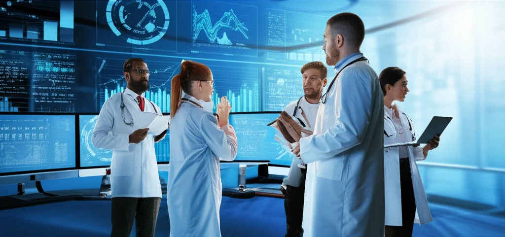 Immagine fotorealistica di un team di medici e data scientist che collaborano davanti a schermi con grafici e dati complessi in un ambiente di ricerca medica moderno. Obiettivo prime, 35mm, profondità di campo, illuminazione da studio controllata per evidenziare la concentrazione e la tecnologia avanzata.