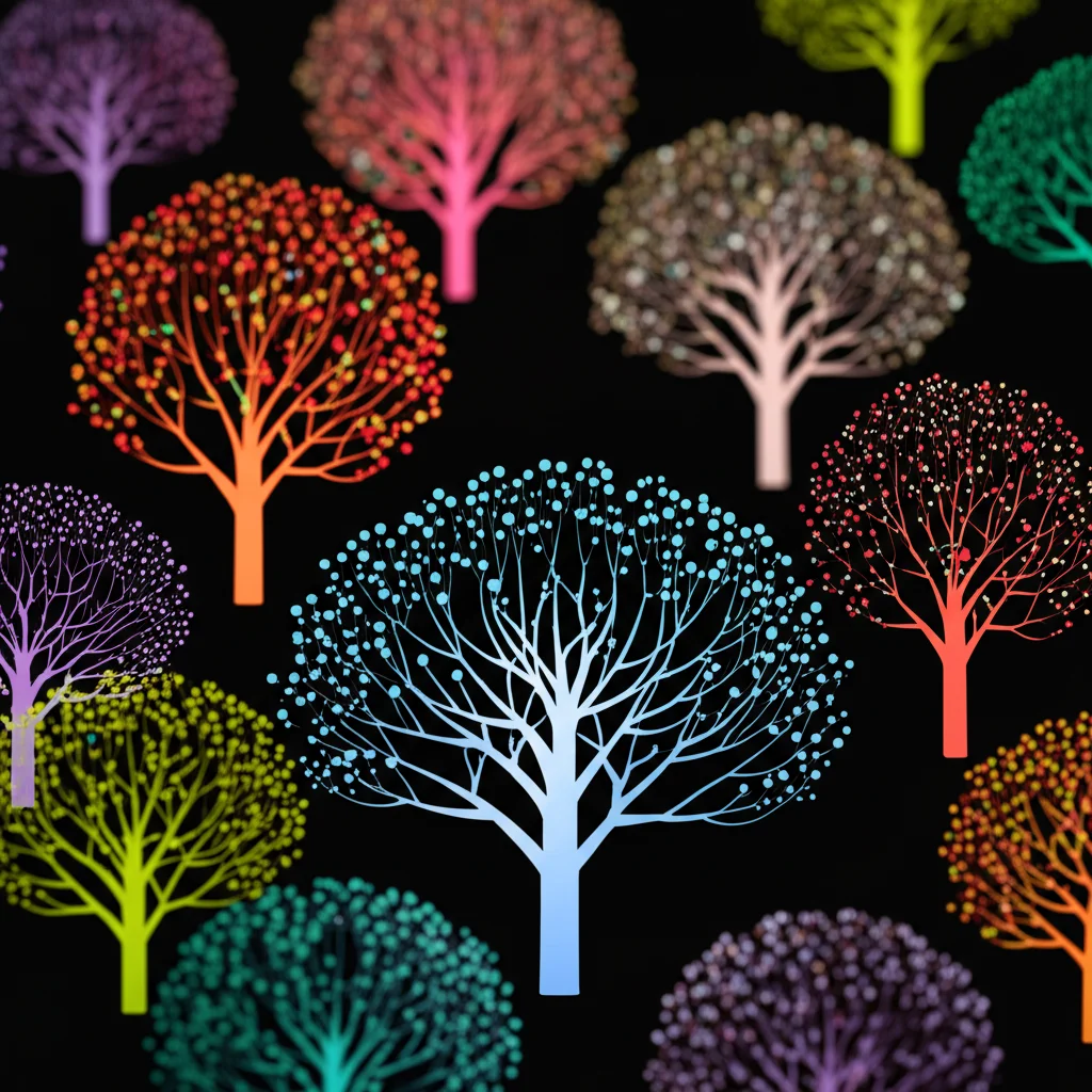 Visualizzazione astratta di un algoritmo Random Forest, con alberi decisionali interconnessi che formano una struttura complessa e ramificata. Colori vivaci su sfondo scuro per simboleggiare l'elaborazione dei dati. Macro lens, 100mm, high detail, illuminazione controllata per enfatizzare la struttura dell'algoritmo.