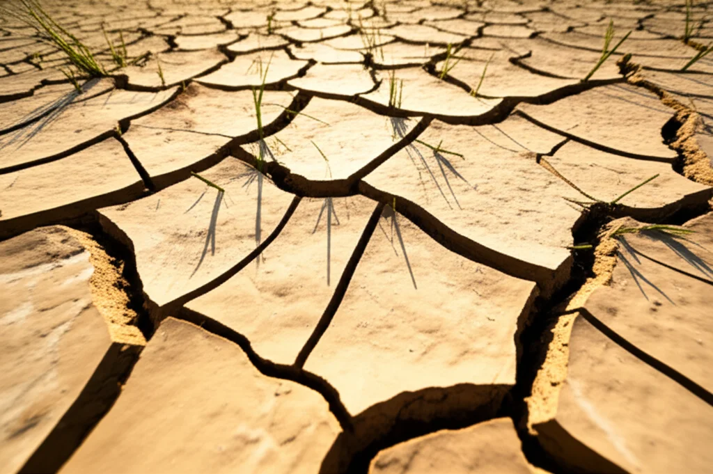 Fotografia macro di un terreno agricolo arido e screpolato sotto un sole cocente, obiettivo macro 90mm, alta definizione, illuminazione naturale intensa, evidenziando le crepe e la texture secca del suolo. La terra appare di colore ocra chiaro, con profonde fessure che ne rivelano la secchezza estrema. Alcuni piccoli ciuffi di erba secca spuntano qua e là, quasi a testimoniare una passata fertilità.