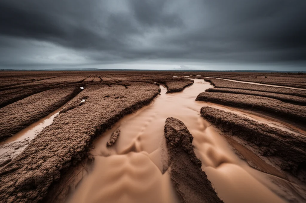 Fotografia grandangolare di un campo agricolo con terreno nudo eroso da una pioggia torrenziale, obiettivo grandangolare 20mm, lunga esposizione per mostrare il movimento dell'acqua e il fango che scorre via. Il cielo è cupo e drammatico, carico di nuvole scure. Si notano rivoli d'acqua che scavano solchi nel terreno marrone scuro.