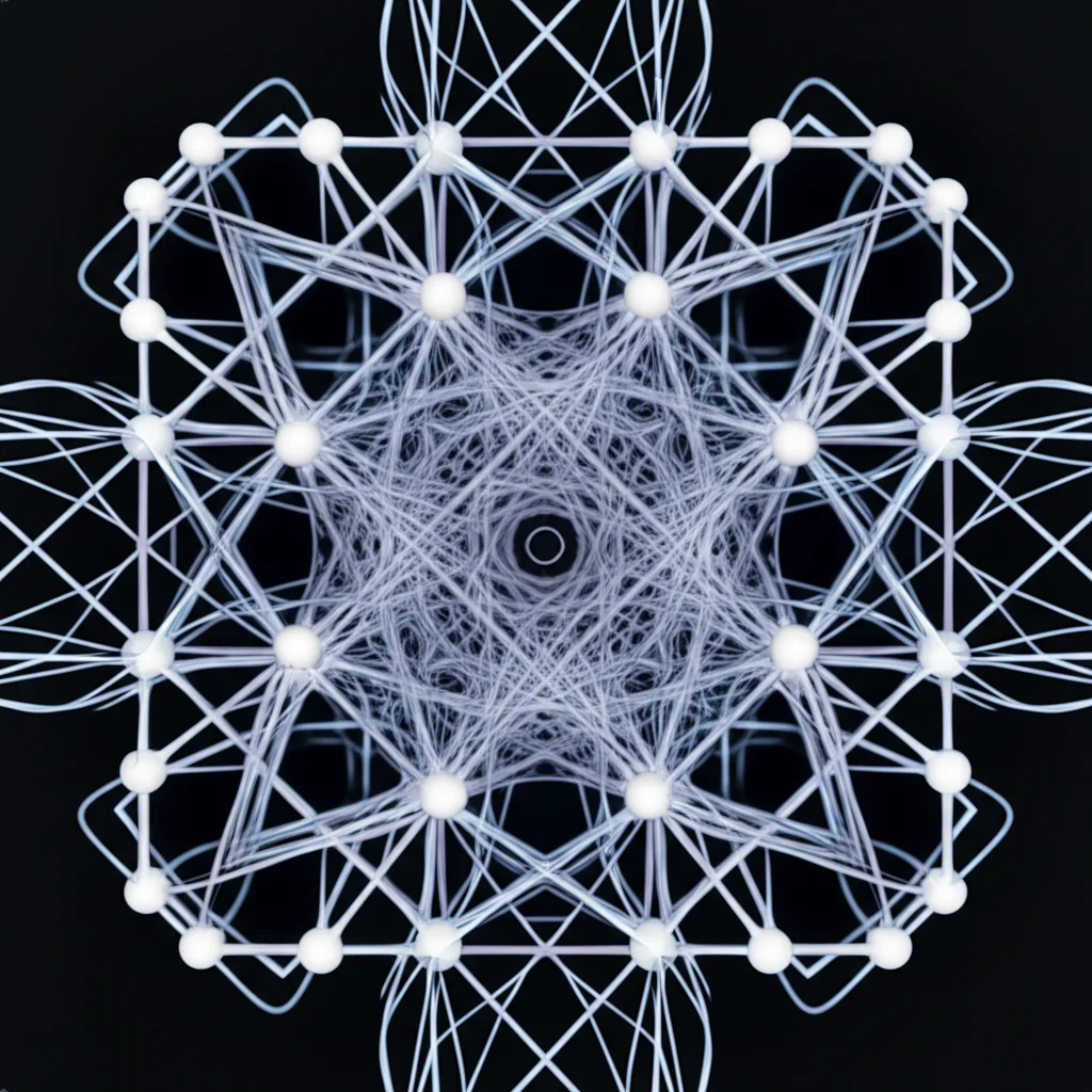 Una visualizzazione 3D astratta di un diagramma di Dynkin del tipo C4, con nodi luminosi e connessioni che si trasformano in un pattern simmetrico complesso, evocando le riflessioni. Lente macro 90mm, alta definizione, illuminazione da studio, sfondo scuro.