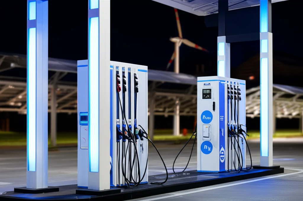 Immagine fotorealistica di una moderna stazione di servizio multifunzionale: colonnine di ricarica per veicoli elettrici illuminate accanto a pompe per il rifornimento di idrogeno. Sullo sfondo, pannelli solari integrati nella tettoia e una piccola turbina eolica. Scena notturna, illuminazione artificiale brillante, obiettivo prime 35mm, dettagli nitidi, effetto bokeh sullo sfondo.