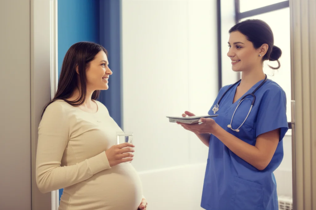 Una donna incinta sorridente in una stanza d'ospedale luminosa, tiene in mano un bicchiere con una bevanda chiara, pronta per il suo parto cesareo. Accanto a lei, un'infermiera gentile le offre supporto. L'immagine è un ritratto, scattato con un obiettivo da 35mm, con una leggera profondità di campo per mettere a fuoco la donna e la bevanda, usando una palette di colori duotone blu e crema per un'atmosfera calma e positiva.