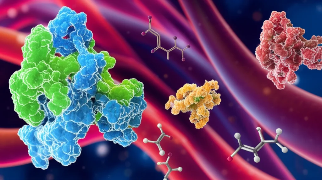 Un'immagine macro di molecole di ATP stilizzate che fluttuano accanto a molecole di ipoxantina e xantina, con uno sfondo che richiama il flusso sanguigno del cordone ombelicale. Obiettivo macro da 100mm, alta definizione, illuminazione controllata per evidenziare i dettagli molecolari, colori scientifici ma accattivanti.