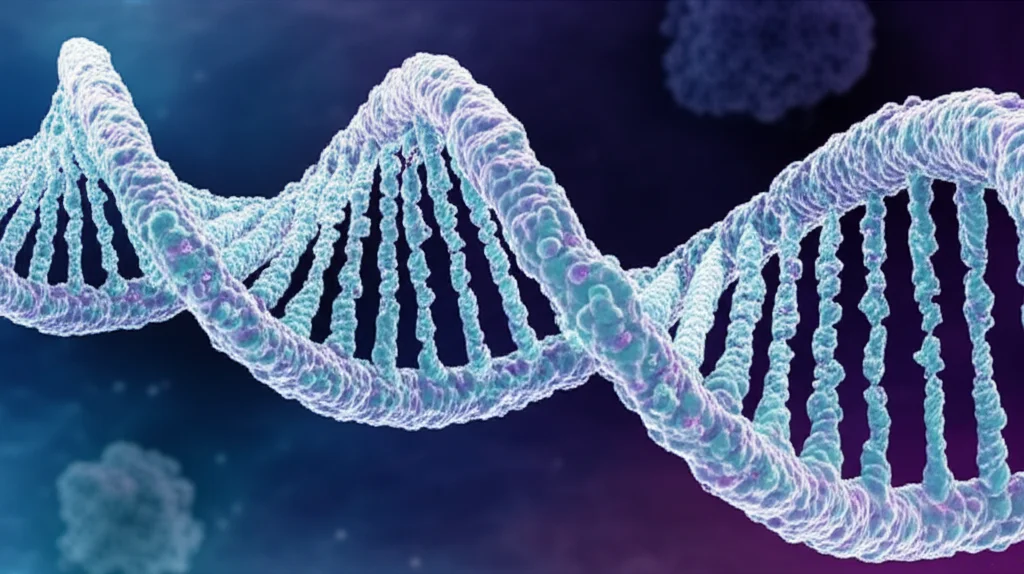 Macro fotografia, 60mm, alta definizione, illuminazione controllata di una doppia elica di DNA stilizzata con una proteina NEIL3 luminescente che interagisce con essa. Sullo sfondo leggermente sfocato, un ammasso di cellule più scure dall'aspetto non sano, a suggerire un microambiente tumorale.
