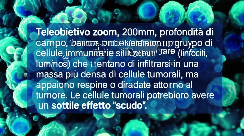 Teleobiettivo zoom, 200mm, profondità di campo, tracciamento del movimento. Un gruppo di cellule immunitarie stilizzate (linfociti, luminosi) che tentano di infiltrarsi in una massa più scura e densa di cellule tumorali, ma appaiono respinte o diradate attorno al tumore. Le cellule tumorali potrebbero avere un sottile effetto 'scudo'.