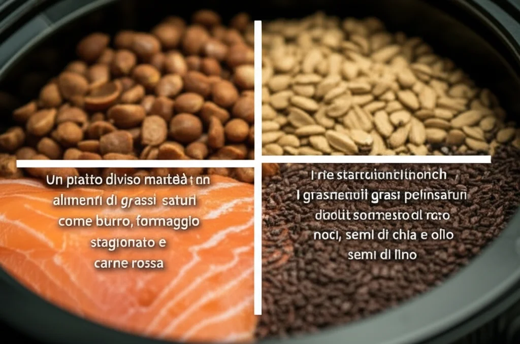 Un piatto diviso a metà: da un lato alimenti ricchi di grassi saturi come burro, formaggio stagionato e carne rossa; dall'altro alimenti ricchi di grassi polinsaturi come salmone, noci, semi di chia e olio di semi di lino. Macro lens, 60mm, high detail, precise focusing, controlled lighting, con una leggera sfocatura sullo sfondo per enfatizzare i cibi.