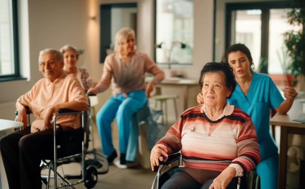 Un gruppo eterogeneo di anziani cinesi sorridenti che partecipano ad attività comunitarie in un ambiente luminoso e moderno, alcuni assistiti da personale sanitario. Fotografia di ritratto, obiettivo da 35mm, toni caldi e accoglienti, profondità di campo per mettere a fuoco gli anziani in primo piano.