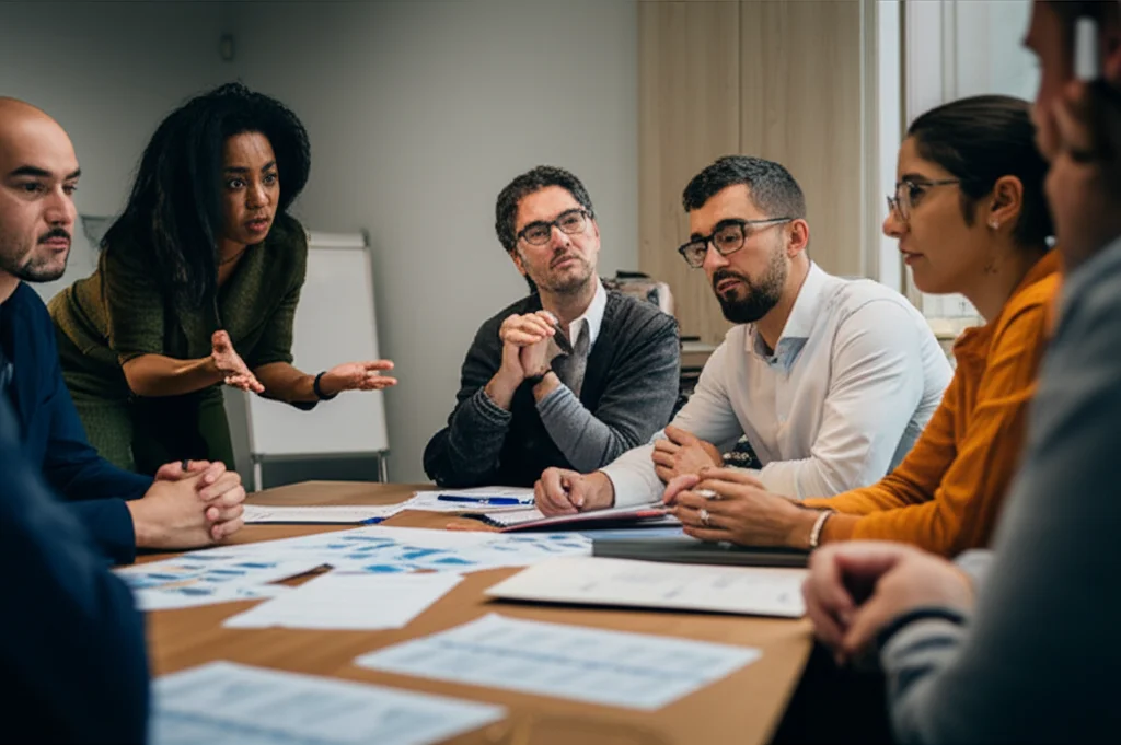 Un team multietnico di ricercatori e operatori sanitari in un workshop, intenti a discutere animatamente attorno a un tavolo pieno di appunti e diagrammi che rappresentano la Teoria del Cambiamento. Luce da studio controllata, obiettivo da 50mm, focus sui volti concentrati e sulle mani che gesticolano, atmosfera collaborativa.