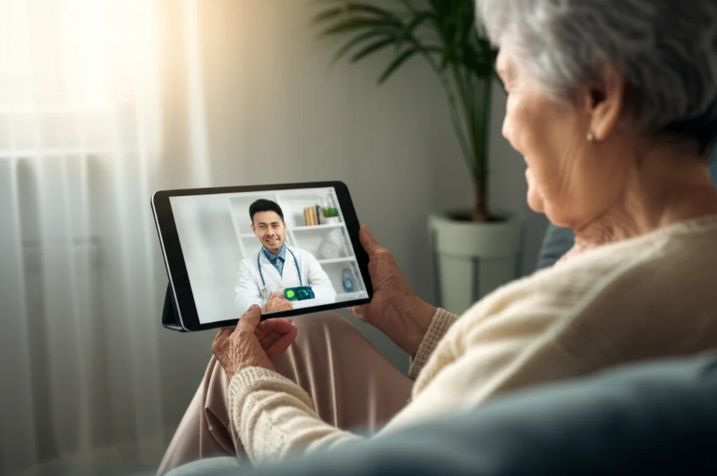 Un'anziana signora cinese che utilizza un tablet per una consulenza sanitaria a distanza con un medico, in un ambiente domestico confortevole e tecnologicamente assistito. Macro lens, 85mm, alta definizione sui dettagli del tablet e sull'espressione serena dell'anziana, luce soffusa e naturale.