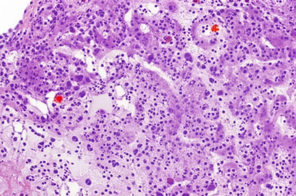Immagine macro di tessuto epatico affetto da carcinoma epatocellulare, evidenziando l'eterogeneità cellulare e l'infiltrazione immunitaria. Obiettivo macro 100mm, illuminazione controllata da studio, alta definizione, messa a fuoco precisa sulle interazioni cellulari.