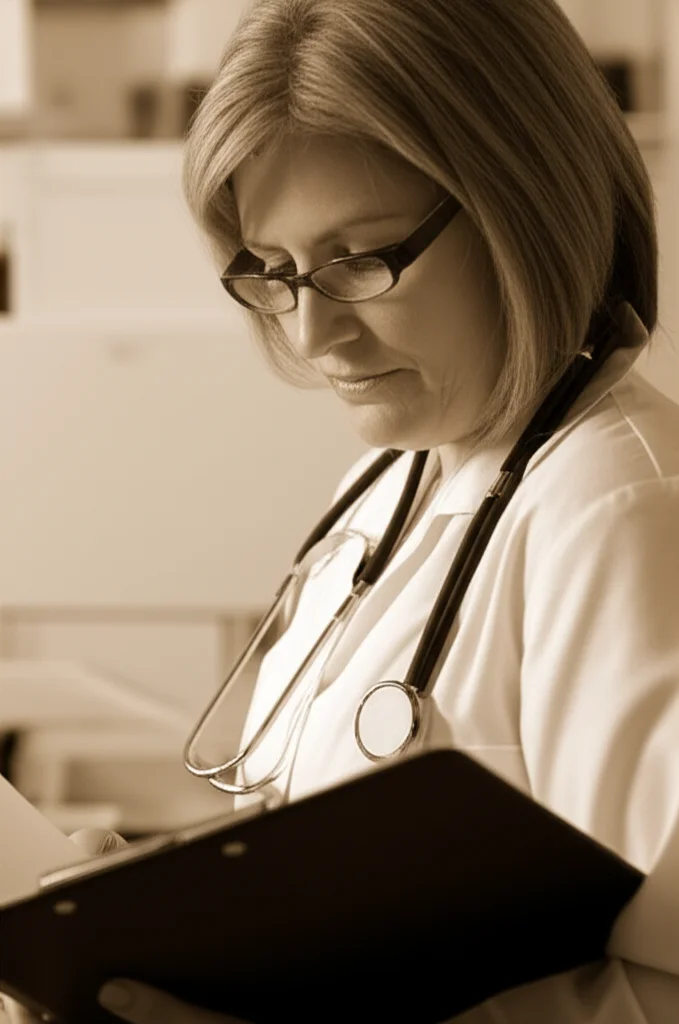 Ritratto fotografico di una donna di mezza età, ricercatrice o medico, che esamina con attenzione una cartella clinica o dei risultati di laboratorio, in un ambiente di studio luminoso. Obiettivo da 35mm, profondità di campo che sfoca leggermente lo sfondo, toni bicromatici seppia e crema per un'atmosfera di riflessione e speranza.