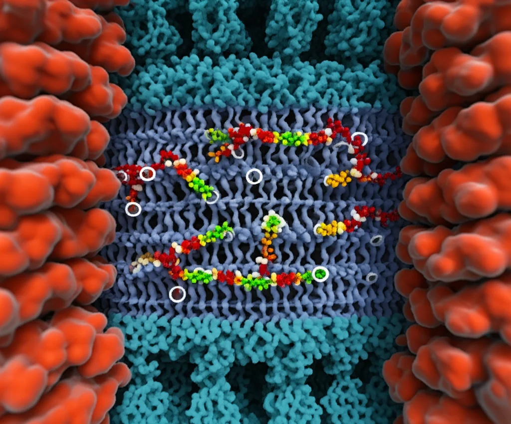 Immagine fotorealistica di molecole di spermina (strutture allungate con cariche positive) che si avvicinano all'ingresso intracellulare di un canale ionico TRPV3. Il canale è rappresentato come una struttura proteica complessa inserita in una membrana cellulare. Evidenziare i residui E679 ed E682 come piccoli cerchi luminosi all'imboccatura del poro. Macro lens, 100mm, high detail, precise focusing, controlled lighting, colori biologici con enfasi sulle cariche.