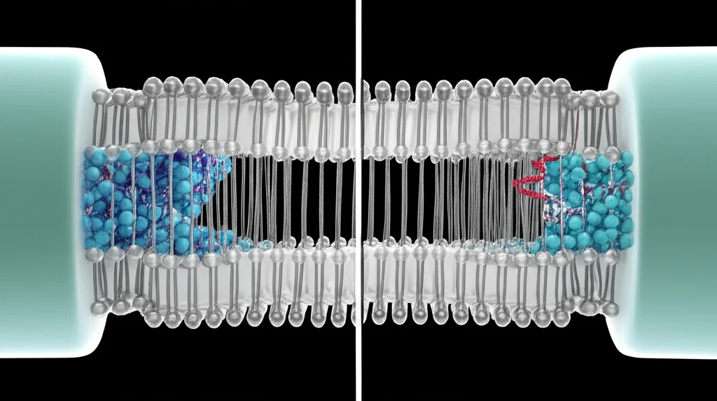 Un'immagine concettuale che mostra il canale TRPV3. A sinistra, il canale è aperto e ioni (sfere luminose) fluiscono attraverso. A destra, una molecola di poliammina (struttura stilizzata) è legata all'ingresso citoplasmatico del canale, che ora appare chiuso, impedendo il flusso ionico. Lo sfondo è una membrana cellulare semi-trasparente. Prime lens, 35mm, depth of field, film noir style con contrasti forti.