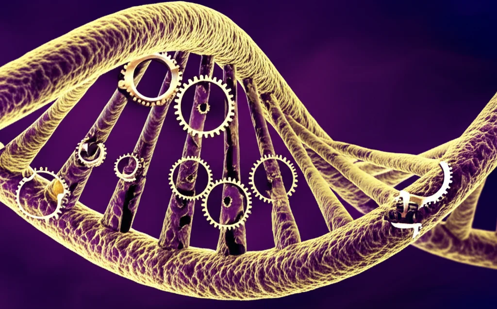 Immagine macro di una doppia elica di DNA stilizzata, con ingranaggi di orologio integrati a simboleggiare l'età epigenetica e il suo impatto sulla salute, obiettivo macro 60mm, alta definizione, illuminazione controllata, duotone viola e oro.