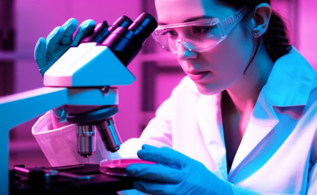 Fotografia ritratto di una ricercatrice in laboratorio, con occhiali protettivi, che osserva attentamente una piastra di Petri sotto un microscopio, simboleggiando la scoperta di nuovi biomarcatori e l'analisi cellulare, obiettivo 35mm, profondità di campo, illuminazione da laboratorio controllata, duotone ciano e magenta.
