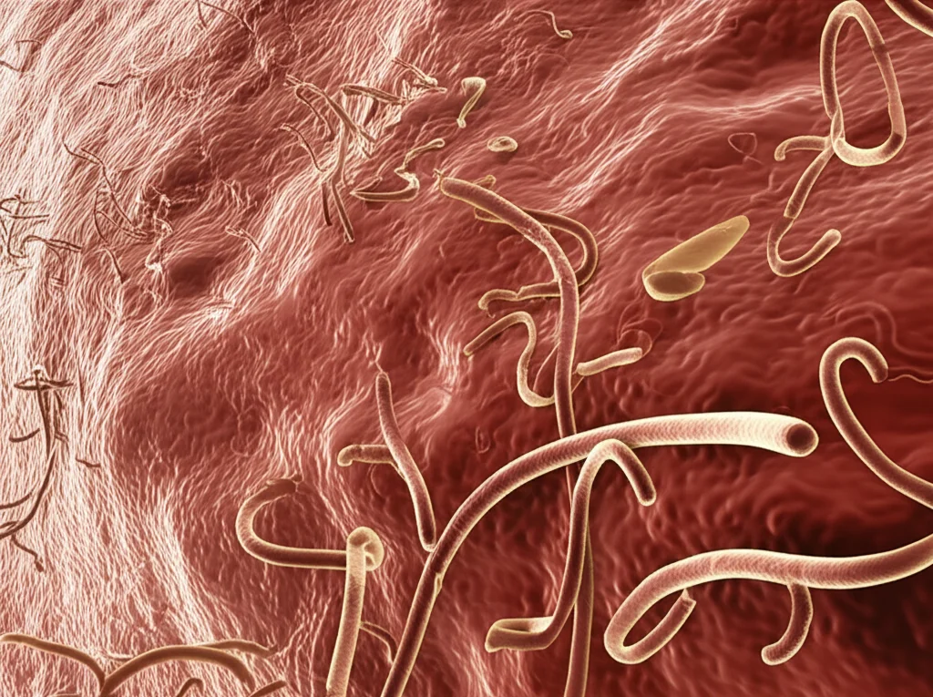 Immagine macro ad alta definizione di batteri Helicobacter pylori su una superficie mucosa gastrica, illuminazione controllata per evidenziare la loro forma a spirale, obiettivo macro 100mm.
