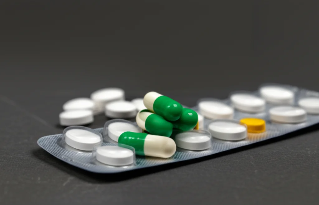 Fotografia still life di capsule di minociclina e ornidazolo disposte artisticamente accanto a un blister di esomeprazolo e compresse di bismuto, su sfondo neutro, illuminazione da studio precisa, obiettivo macro 60mm.