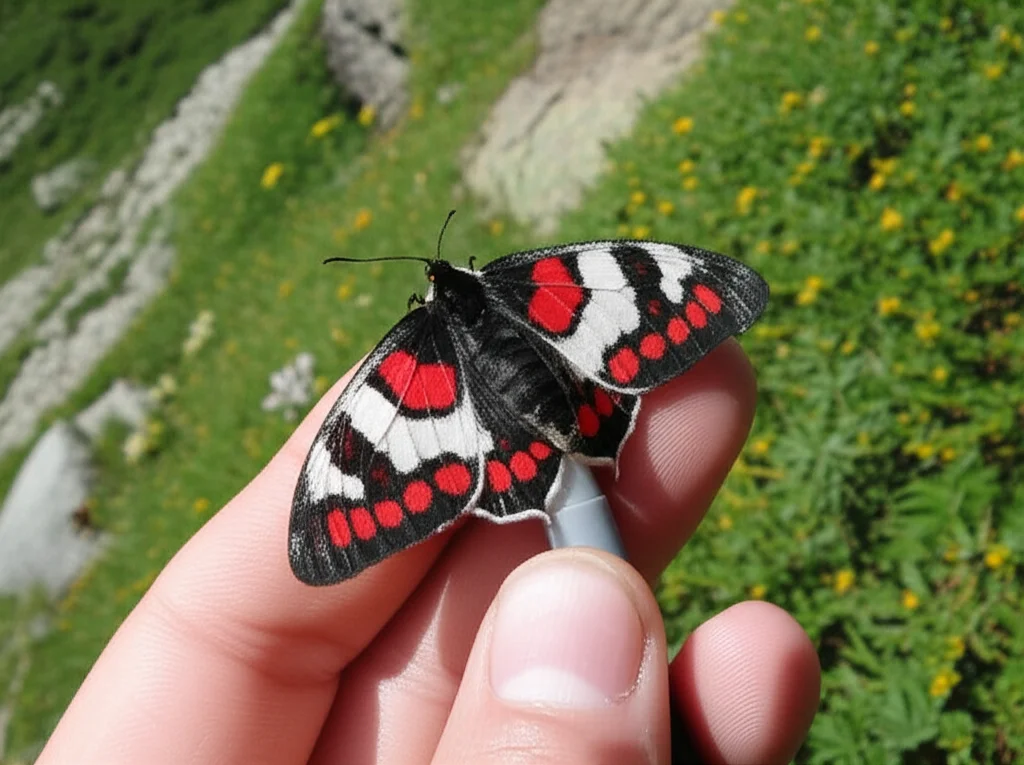 Macro fotografia di una farfalla Parnassius apollo, con le sue distintive macchie rosse e nere sulle ali, mentre viene delicatamente tenuta da un ricercatore che le marca un'ala con un pennarello non tossico. Lo sfondo è un prato alpino soleggiato con rocce e fiori selvatici. Obiettivo macro 100mm, alta definizione, illuminazione controllata per evidenziare i dettagli della farfalla e la procedura di marcatura.