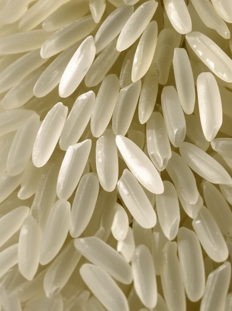 Primo piano macro di chicchi di riso, alcuni perfettamente traslucidi e altri con evidenti macchie opache e gessose. Illuminazione da studio che evidenzia la texture. Obiettivo macro da 90mm, alta definizione, messa a fuoco precisa.